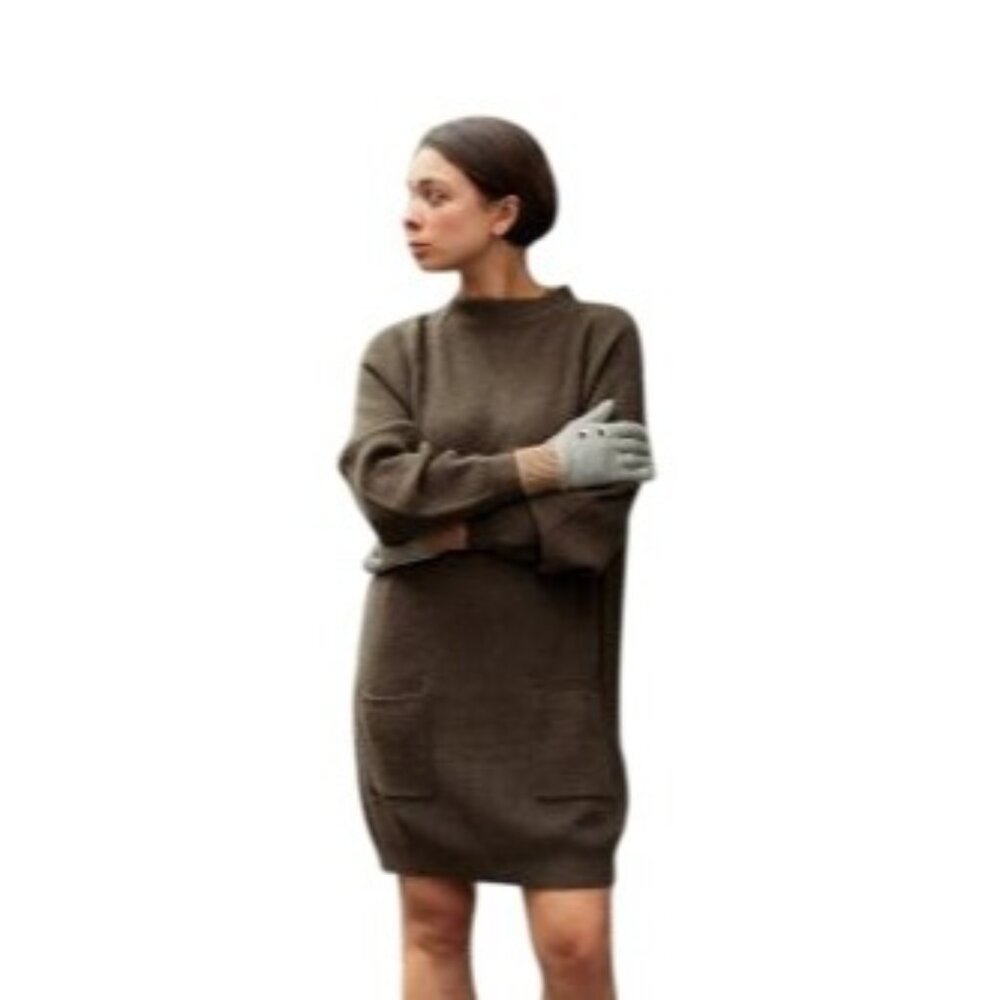 Uniqlo U Womens Large  Olive Mock Neck Long Sleeve Knit Dress With Pockets NWT